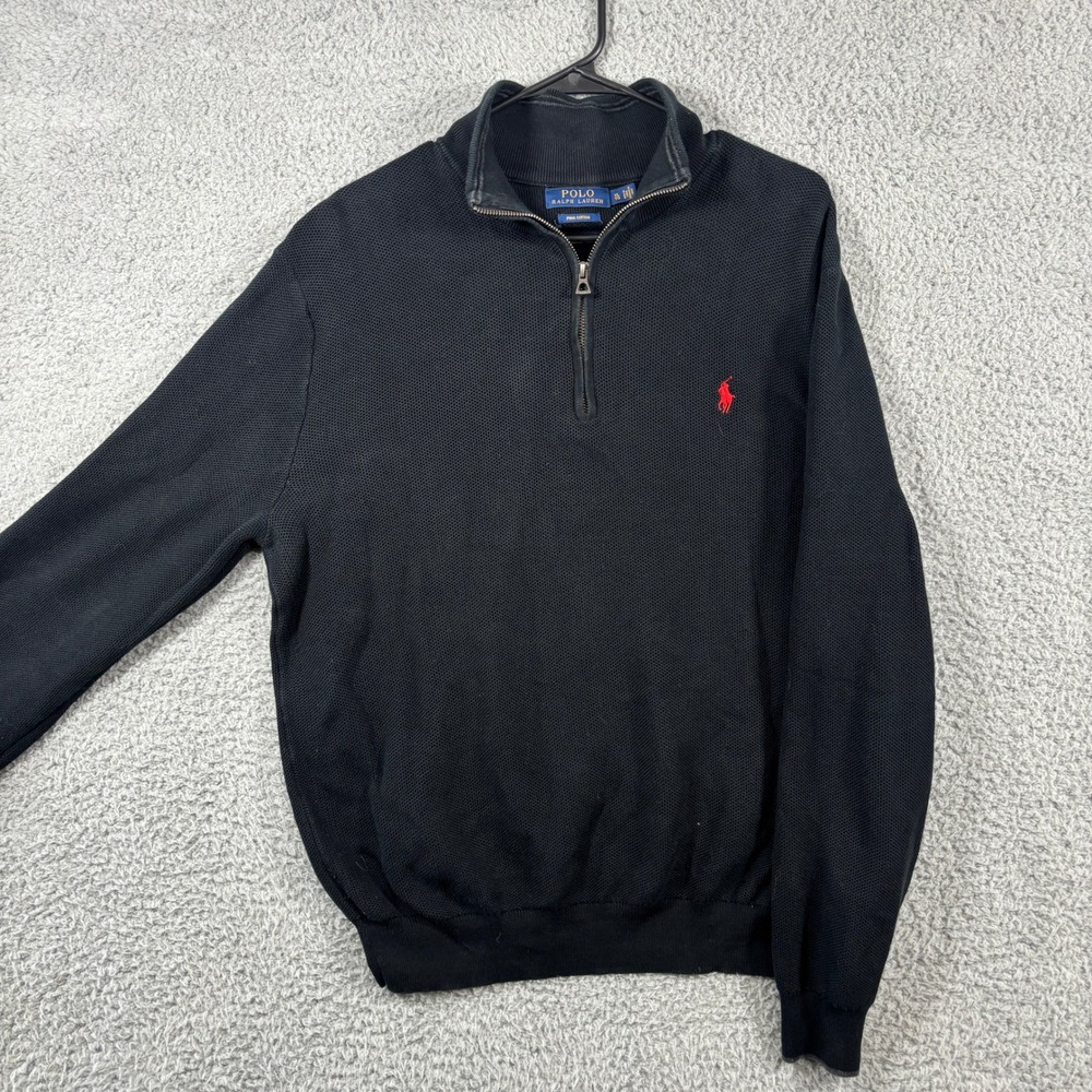 Polo Ralph Lauren‎ Mens XL Black Pima Cotton Quarter Zip Textured Knit Sweater